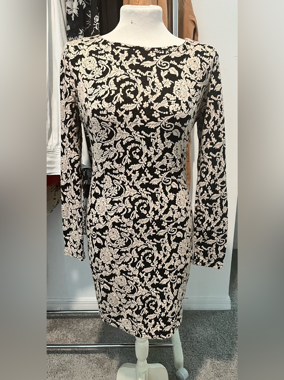Black & Cream Floral Long-Sleeve Whimsigoth Dress